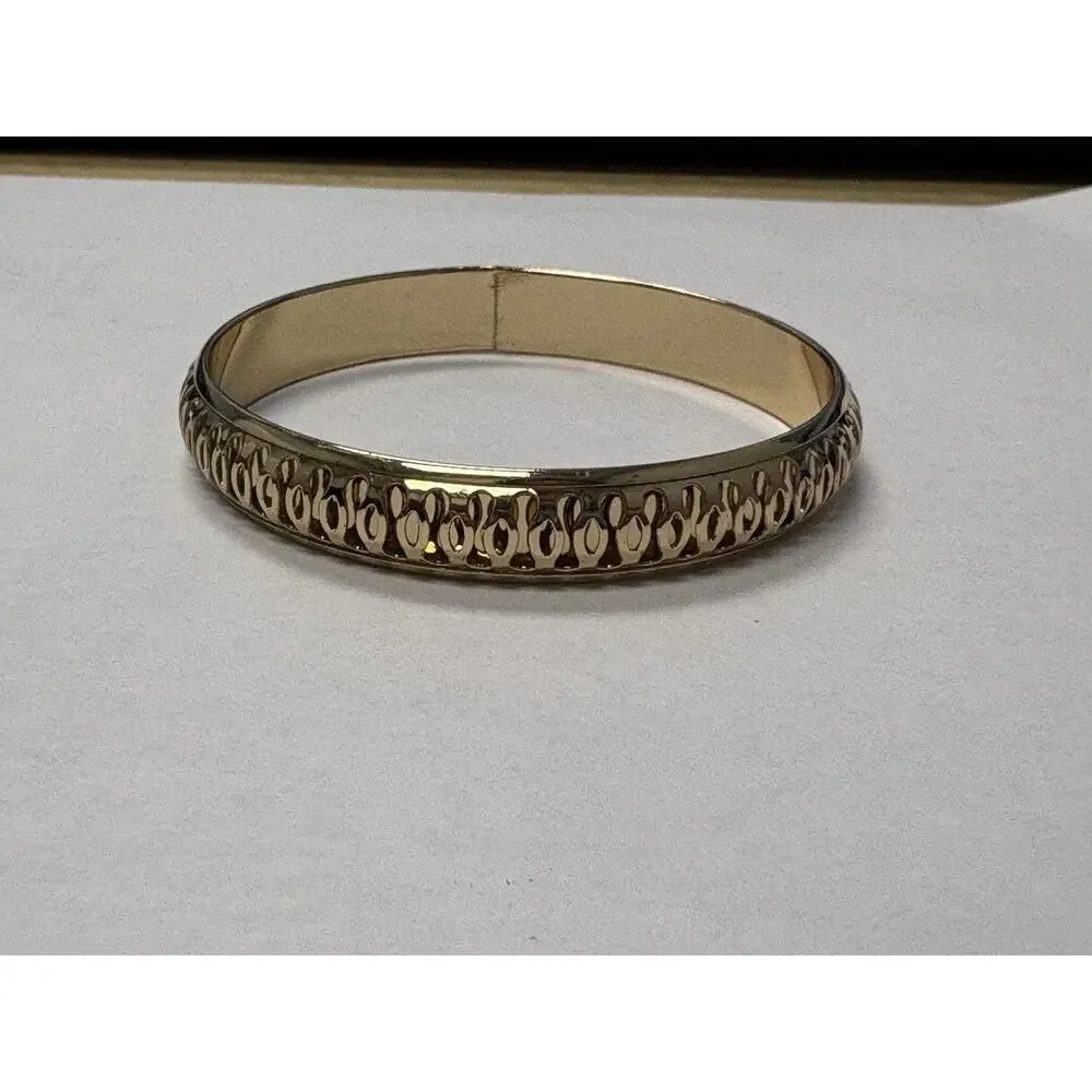Gold Tone Cutout Pattern Hinged Bangle Bracelet Vintage Style 2.7” Diameter